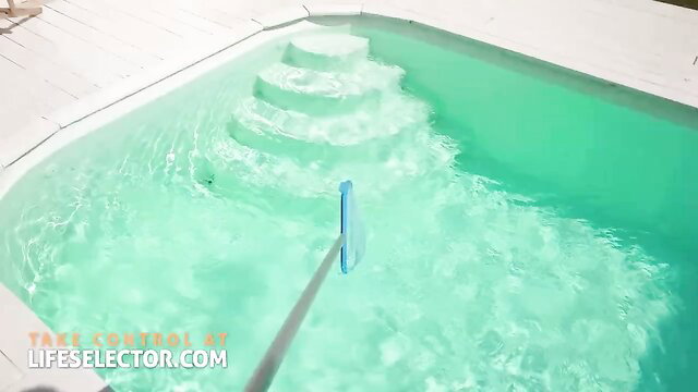 Alexa Flexy poolside with net pole, teasing in swimsuit