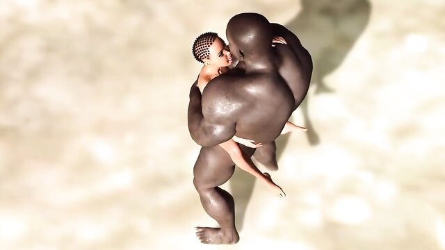 3D black muscular hunk lifts black babe for passionate embrace in HD porn