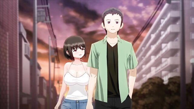 Busty anime girl in tank top and jeans holds hand of man in casual shirt at sunset