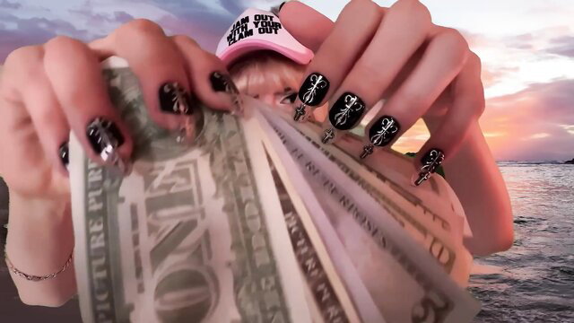 Emma's ASMR beach tease with cash stacks, black goth nails, pink cap