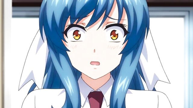 Blue-haired anime JAV girl in school uniform with veil, surprised expression