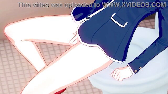 Anime schoolgirl in skirt spreads legs on toilet in hentai scene