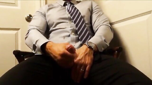 Married dad in shirt and tie strokes his big cock solo