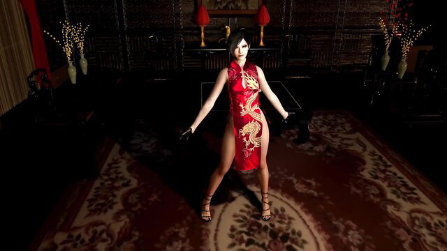Demure Ada Wong spy in skimpy red dragon dress, ready for seduction