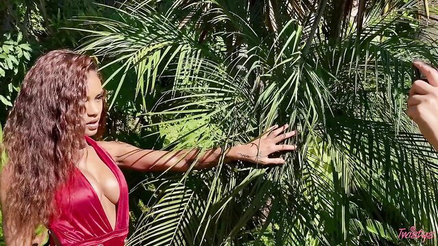Scarlit Scandal in sexy red dress, wild outdoor Latina tease