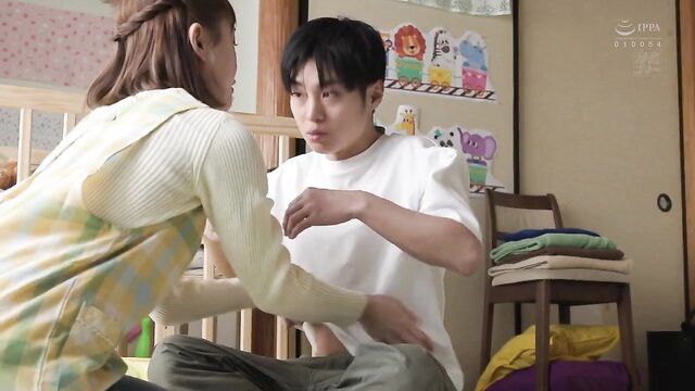 Pregnant Japanese wife teases husband's bulge in JAV creampie scene