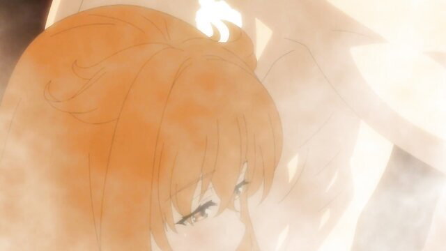 Blushing orange-haired anime harem girl closeup in ecchi labyrinth bliss