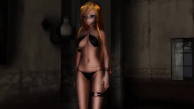 Blonde anime hentai girl in skimpy black lingerie and garter belt posing seductively