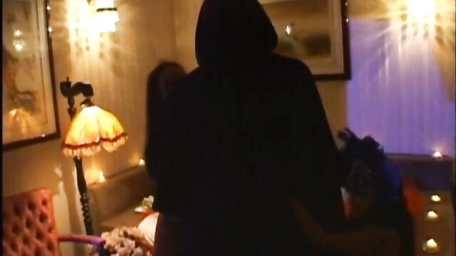 Vintage babes in hot threesome with hooded man and lingerie women