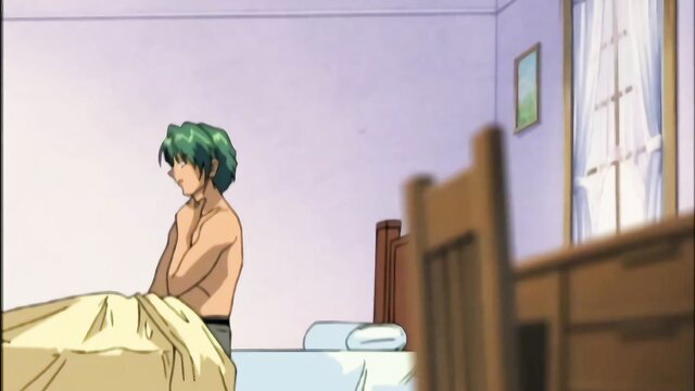 Shirtless green-haired anime guy sitting pensively on bed in JAV hentai Ep.2