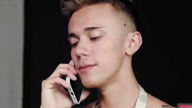 Blond twink daddy's boy on phone call, closeup face in Next Door Studios video