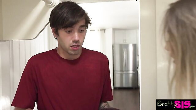 Hot platinum blonde deepthroating stepbro's cock in kitchen