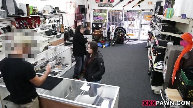 Naughty amateur lady in backroom with pawn seller, amateur pawnshop tease
