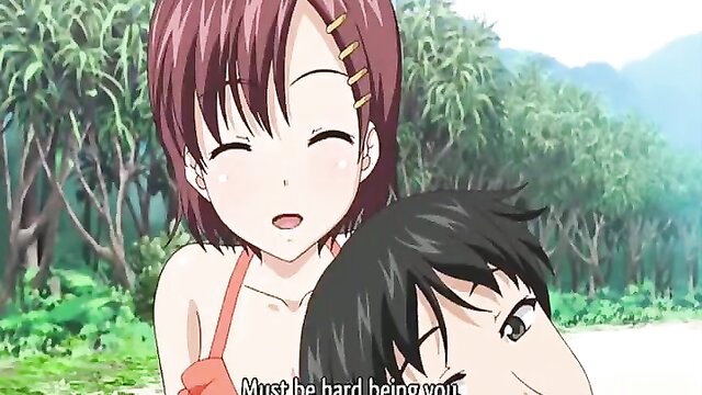 Anime girl in bikini hugs guy from behind, smiling playfully at beach
