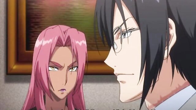 Hellknight Ingrid pink hair hentai girl glares at glasses guy in suit