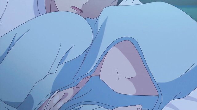 Hentai Overflow anime girl in blue hoodie with exposed pussy on bed