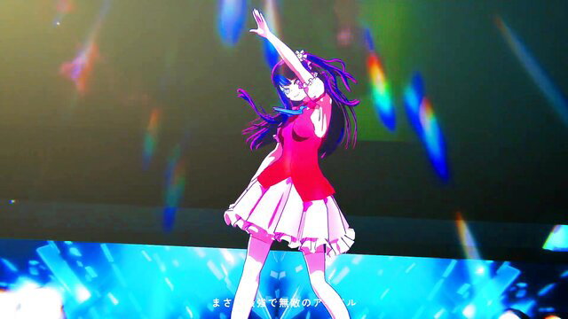 Hoshino Ai sexy idol dance in pink frilly dress, long purple hair