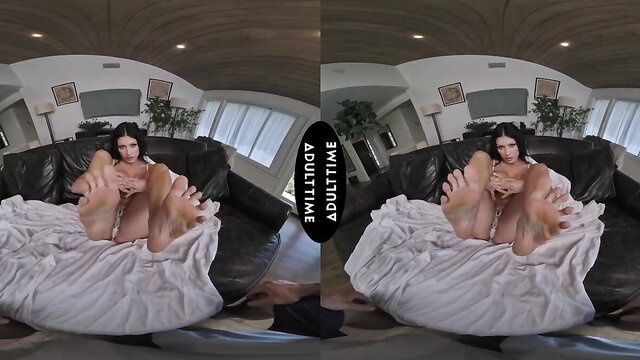 Queenie Sateen topless MILF shows huge tits and bare soles on couch