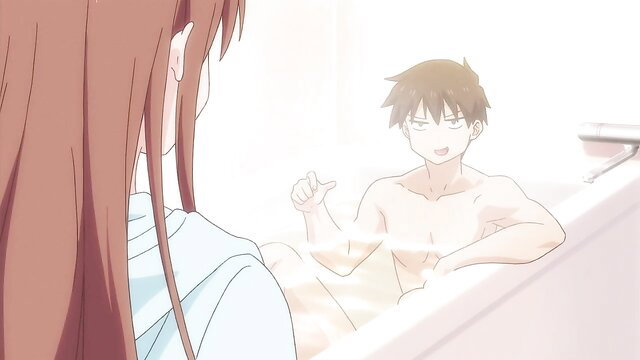 Anime redhead girl talks to nude smiling guy in bathtub, Overflow Ep.1 hentai