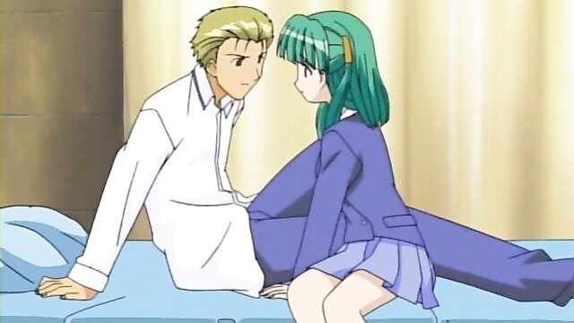 Anime teacher in skirt sits on bed with student, intimate gaze