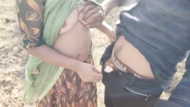 Indian babe Cherry bares tits outdoors, grabs big cock bulge