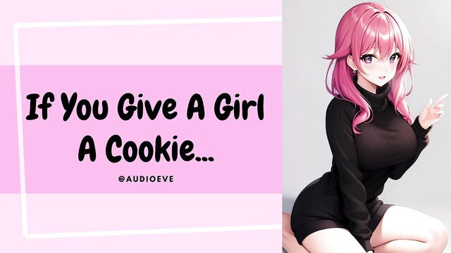Pink-haired anime girl in tight black top and shorts, cookie tease ASMR