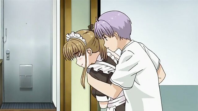 Anime maid in black uniform embraced from behind by purple-haired guy in white shirt