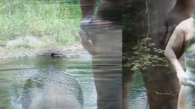 Nude naturist man by river, blurred erotic slide show thumbnail