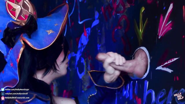 Busty black-haired cosplay girl handjobs huge cock closeup