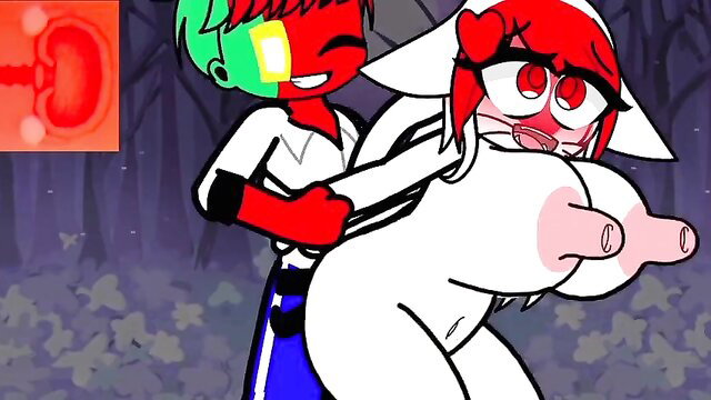 Animated green-haired guy fucking massive-titted white bride in forest