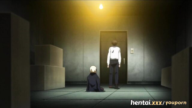 Two anime boys in suits, one kneeling before the other in dark room, hentai yaoi scene