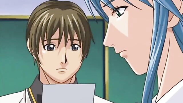 Anime hentai duo: blue-haired girl with brown-haired guy in school uniform