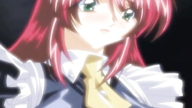 Redhead hentai girl in school uniform with flushed face and glossy eyes