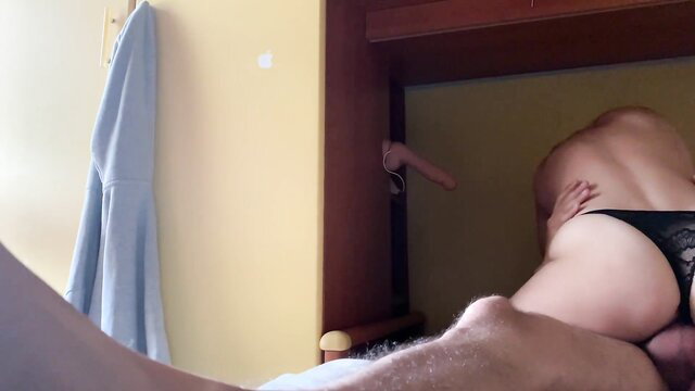 Amateur GF cheats doggystyle on bed, big ass in thong POV