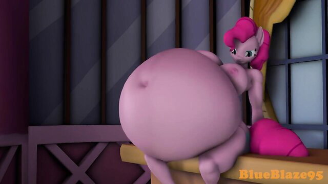 Pink pony girl with huge pregnant belly sitting seductively, BB vore