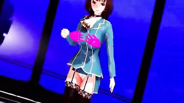 Anime hentai girl in blue sailor uniform with pink gloves and garter stockings