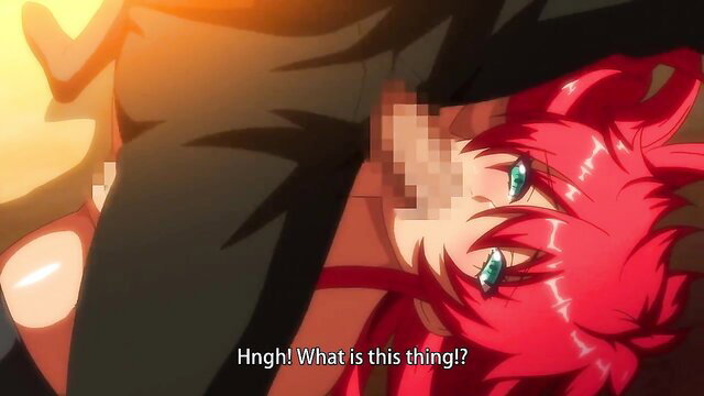 Redhead anime girl in hentai with big tits stares at censored cock up close