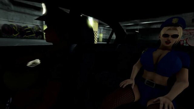 Blonde policewoman in tight uniform sits in car with man, dark garage vibe