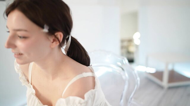 Floret_joy shy young teen in sheer off-shoulder top, ponytail profile