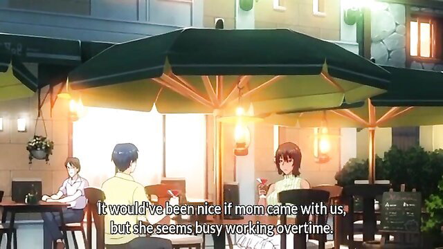 Anime hentai teens at outdoor cafe table, milf absent overtime