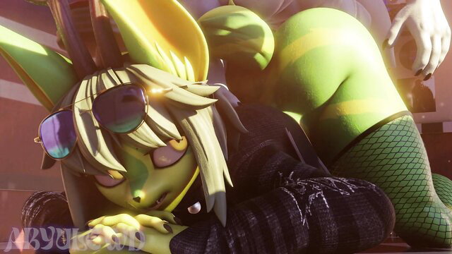 Natsu Aryulewd green furry fox girl in fishnets, big ass up pose