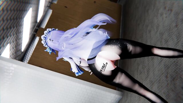 Purple-haired anime girl in stockings and lingerie shows huge ass from behind