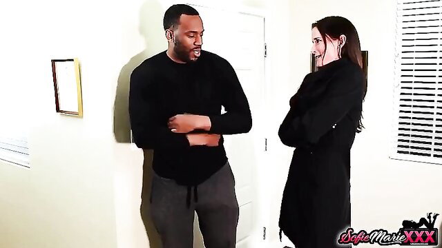 Sofie Marie in black coat struggles with massive BBC guy