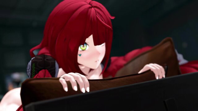 Ukinami Yuzuha redhead anime girl peeking over couch in lingerie