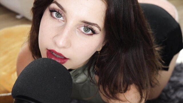 Princess Violette in seductive ASMR closeup with mic, glossy lips
