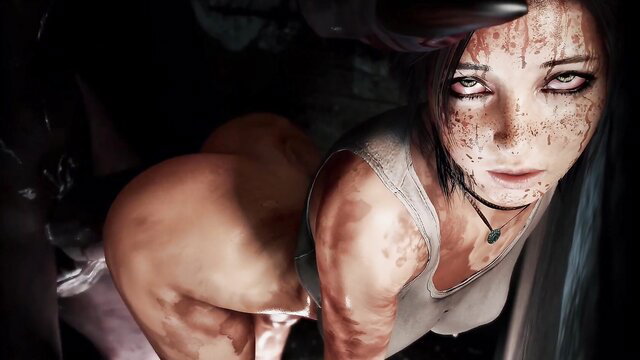 Lara Croft lookalike in torn tank top, bloody face, bent over ass up in cave raid