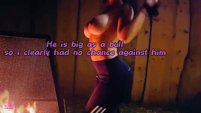 Topless busty woman in leggings dances by fire in sissy caption outdoor vid