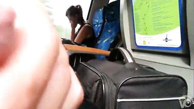 POV hand stroking dick near hot Asian girl on crowded public bus