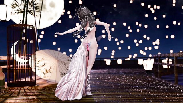 Luo Tianyi nude in flowing white dress, back view on moonlit dock