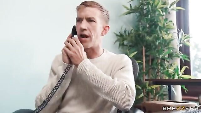 Blond man in sweater on phone in Maid For Cock with Sapphire Astrea